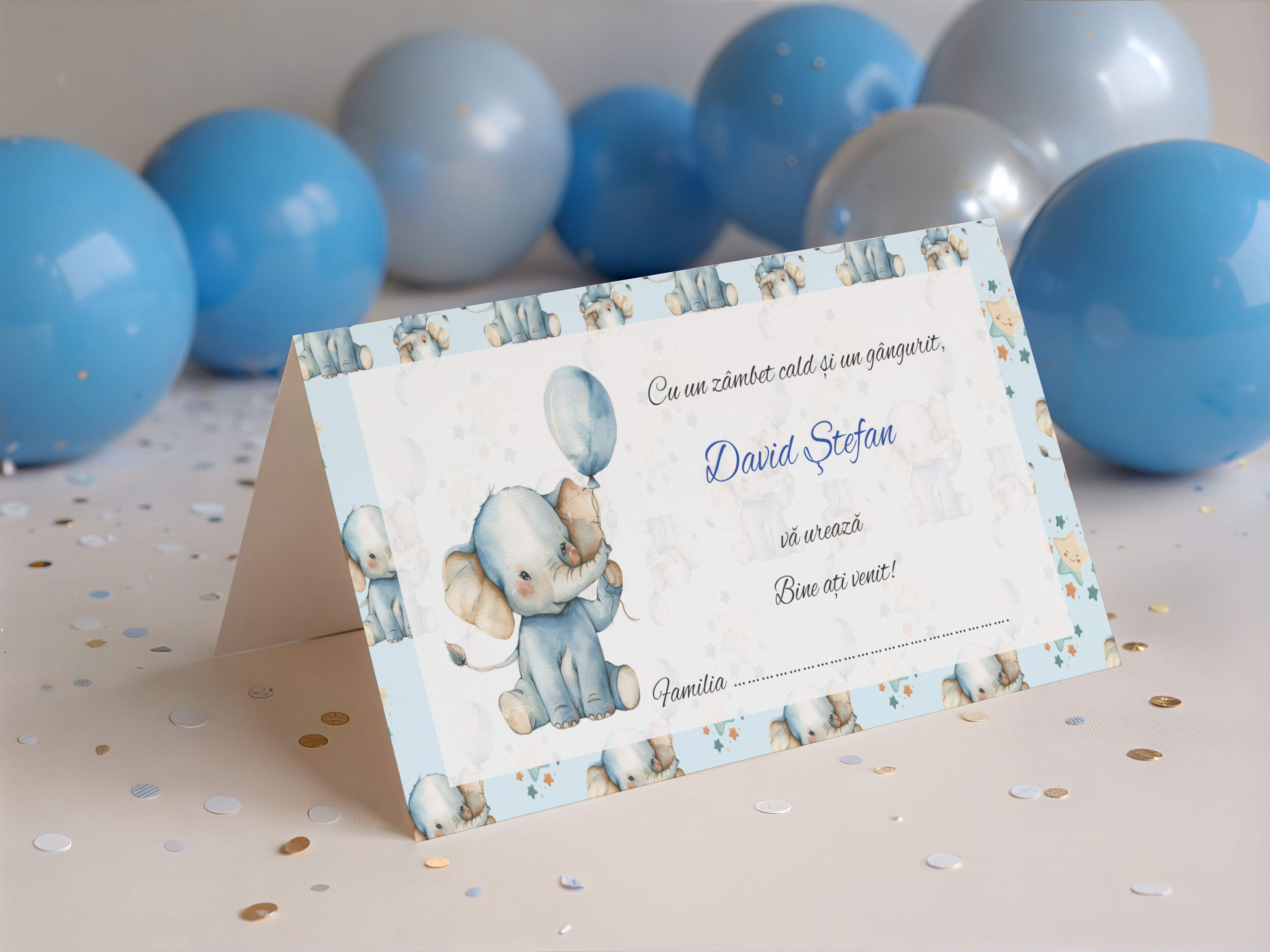 Plic de dar elefantel bleu cu balon – mesaj bine ati venit – imagine 1