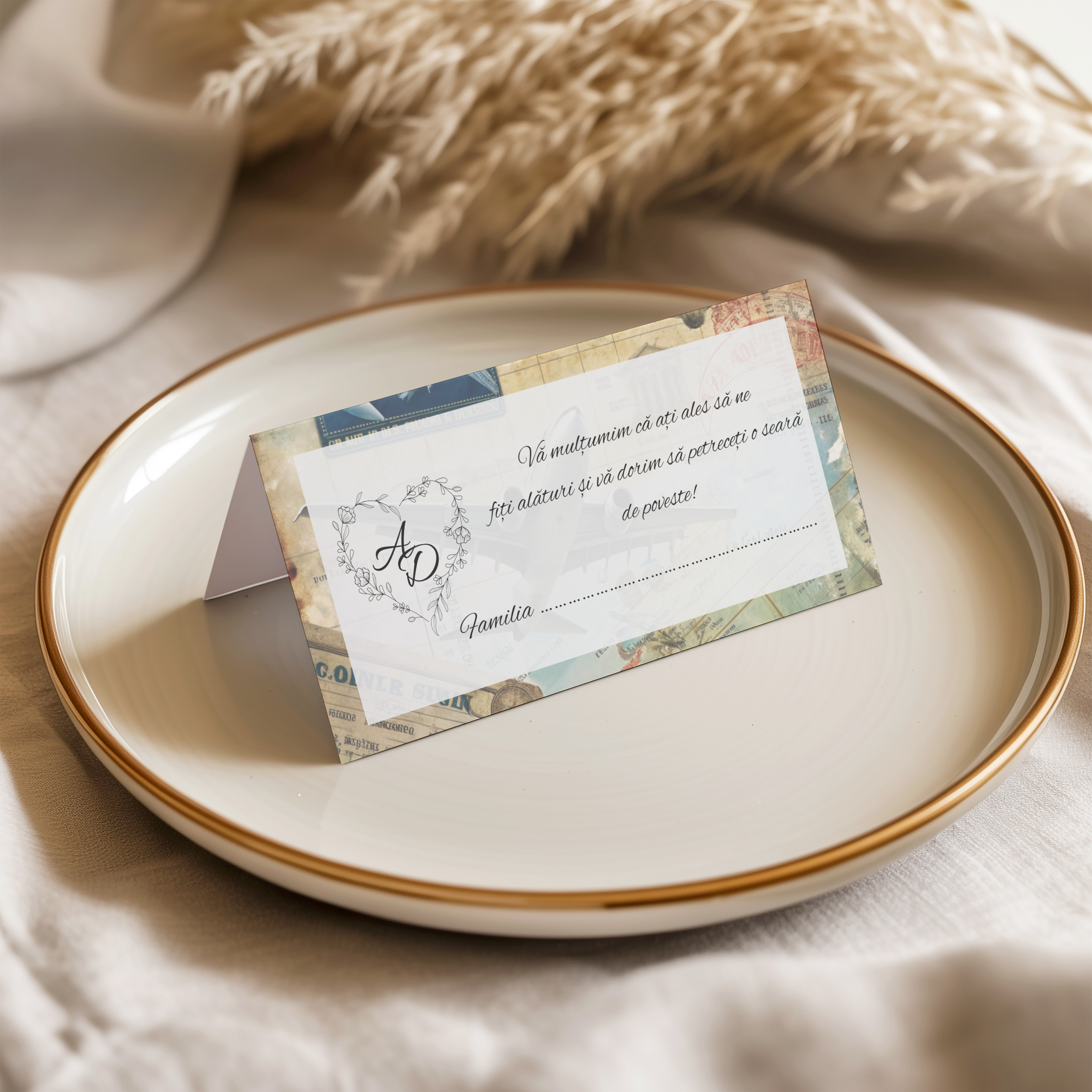 Plic de dar nunta vintage travel – model elegant cu avion – imagine 1
