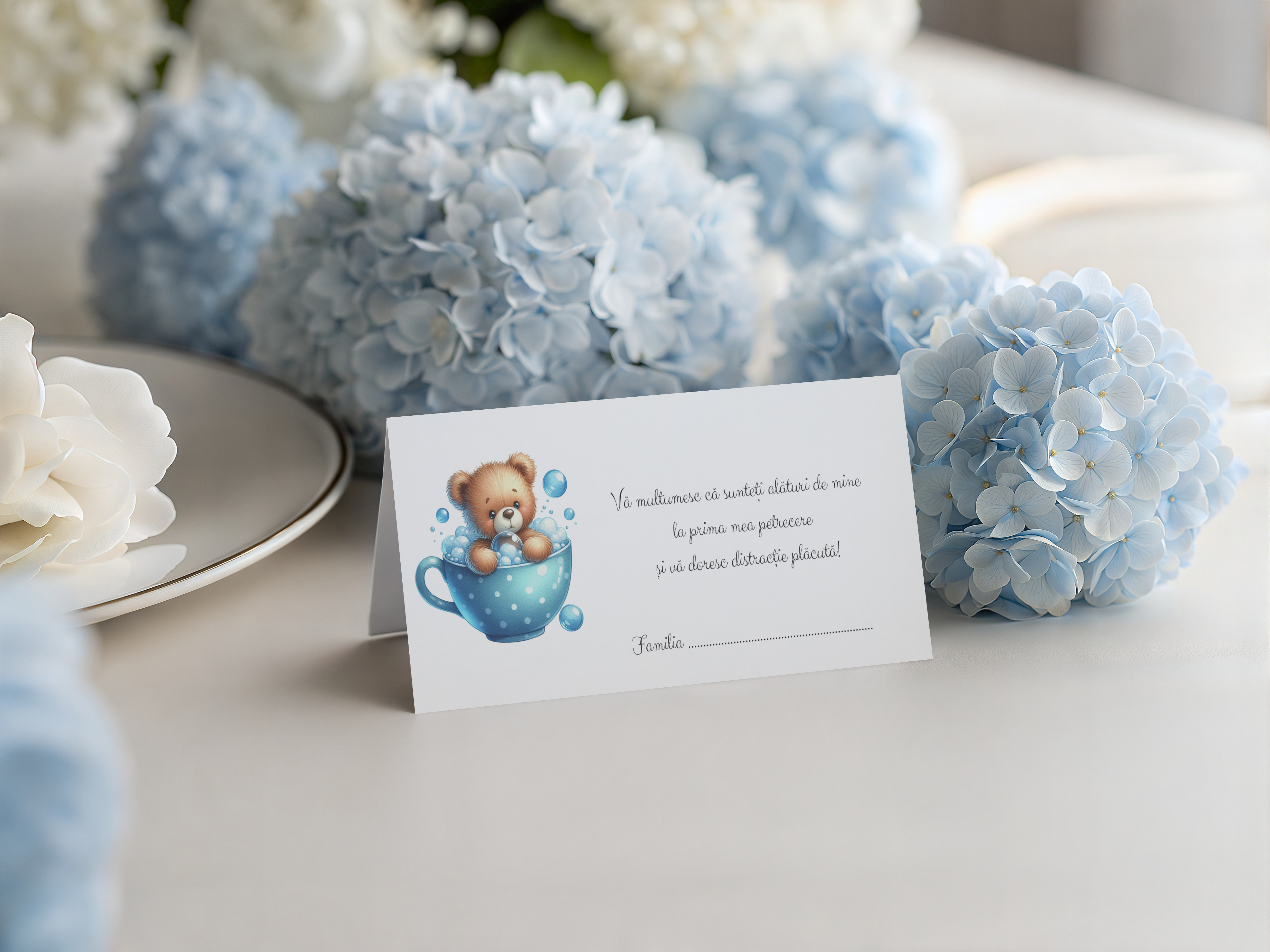 Plic de dar ursulet cu baloane albastre – mesaj multumire – imagine 1
