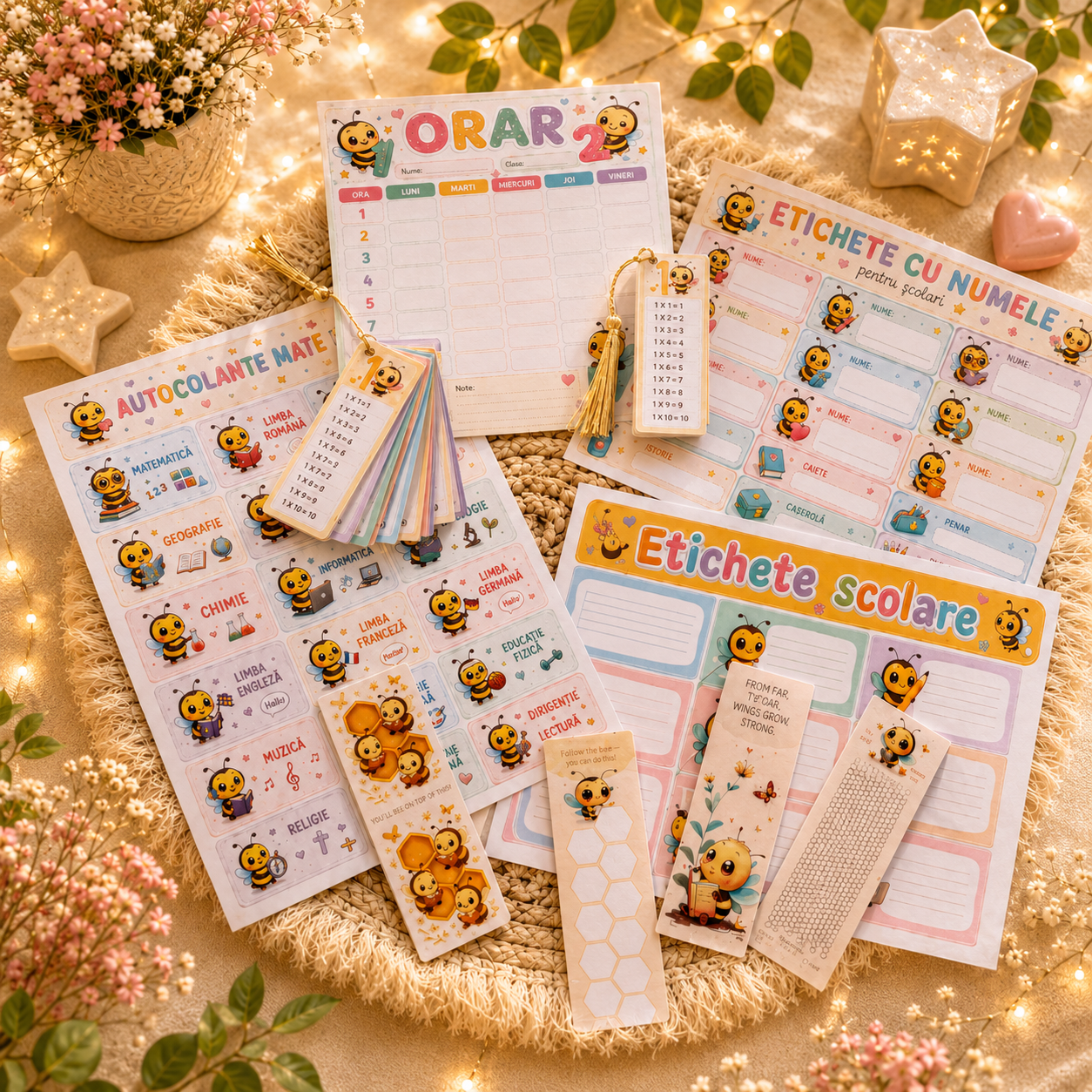 Set Școlar Personalizat Albinuțe - Orar Etichete și Semne de Carte – imagine 1
