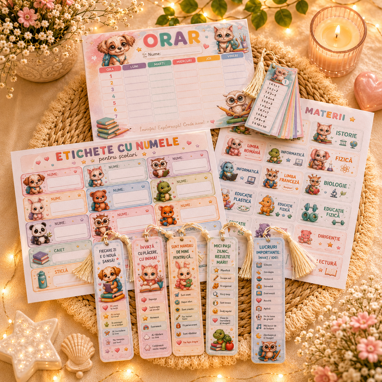 Set Școlar Personalizat Animăluțe - Orar Etichete și Semne de Carte – imagine 1