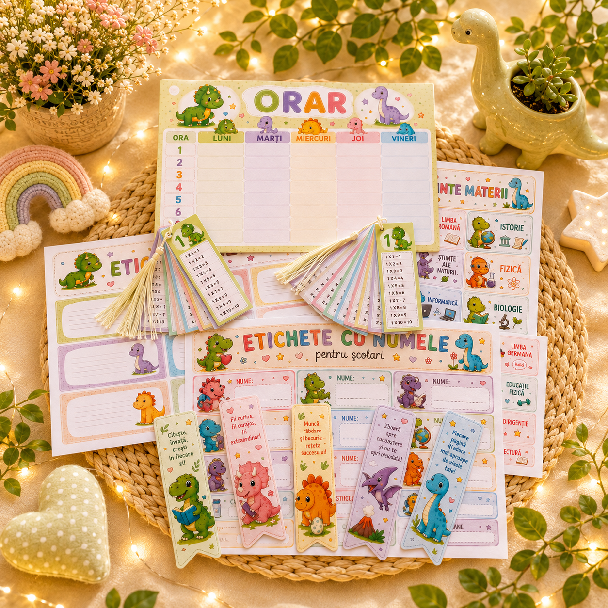 Set Școlar Personalizat Dinozauri - Orar Etichete și Semne de Carte – imagine 1