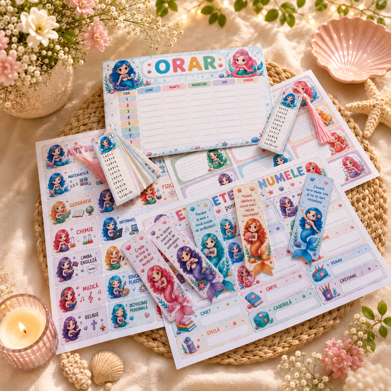 Set Școlar Personalizat Sirene - Orar Etichete și Semne de Carte – imagine 1