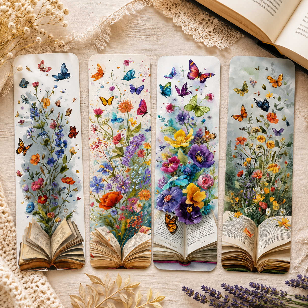 Set 4 Semne de Carte cu Flori și Fluturi – Laminate 18 x 5 cm – imagine 1