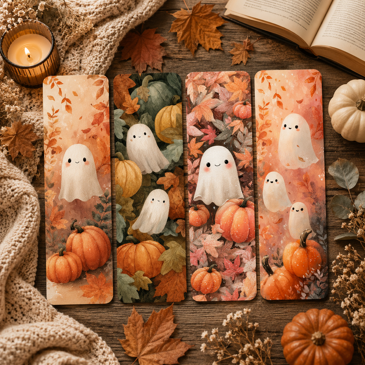Set 4 Semne de Carte Halloween cu Fantome și Dovleci – Laminate 18 x 5 cm – imagine 1