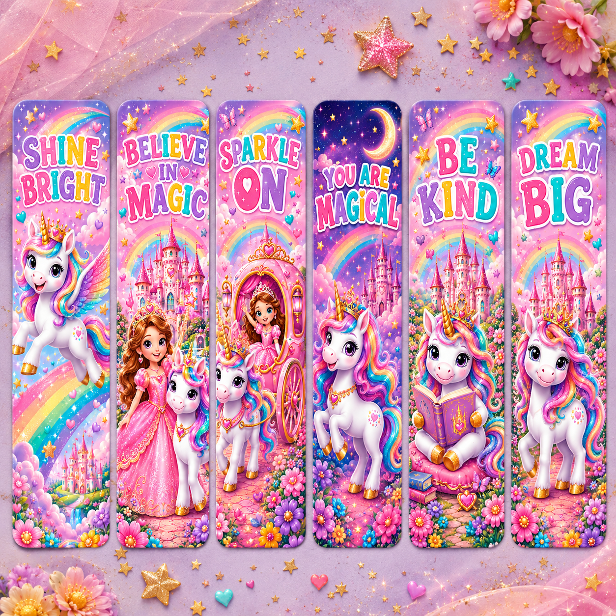 Set 6 Semne de Carte pentru Copii cu Unicorni – Laminate 18 x 5 cm – imagine 1