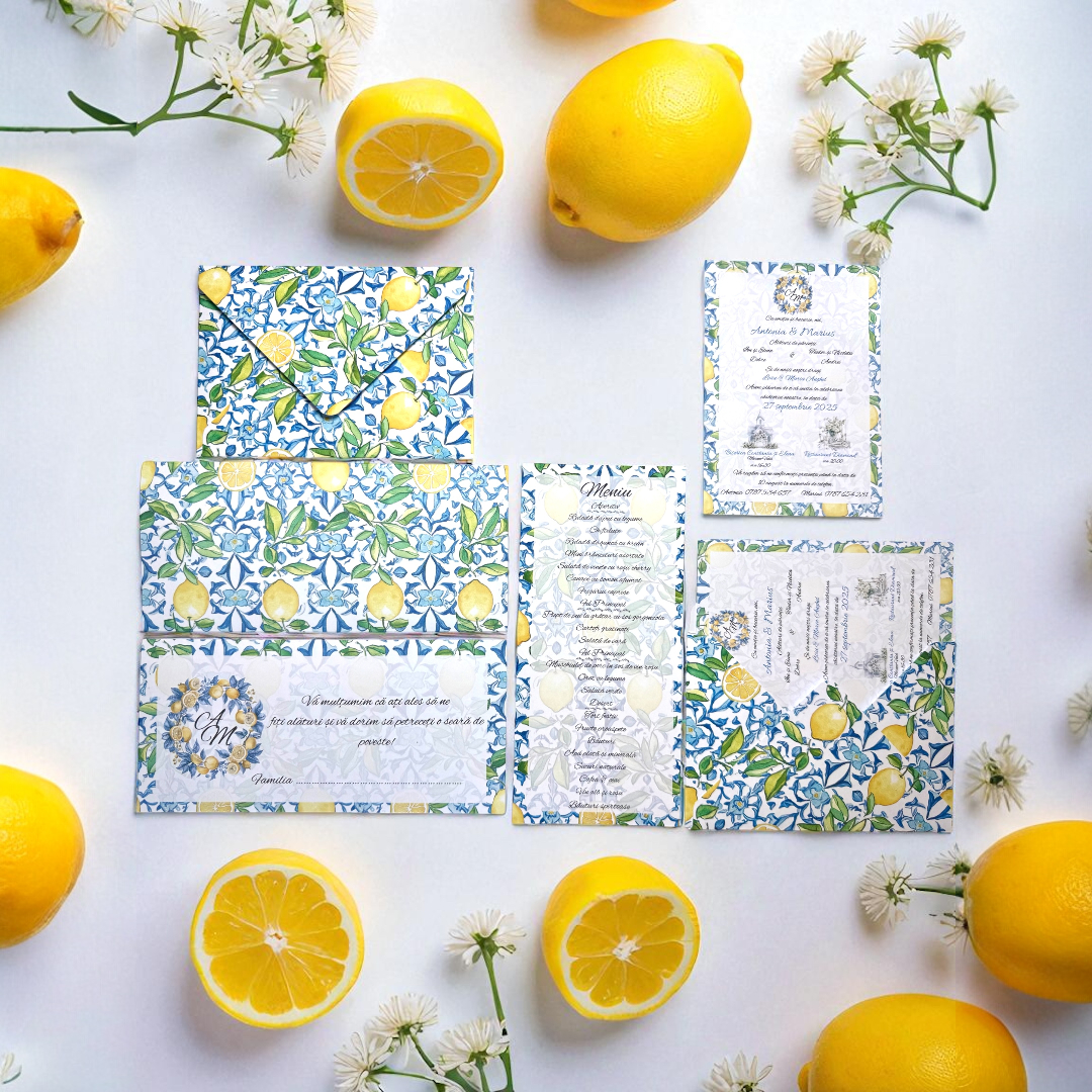 Set invitatie + meniu + plic de dar cu lamai – imagine 1