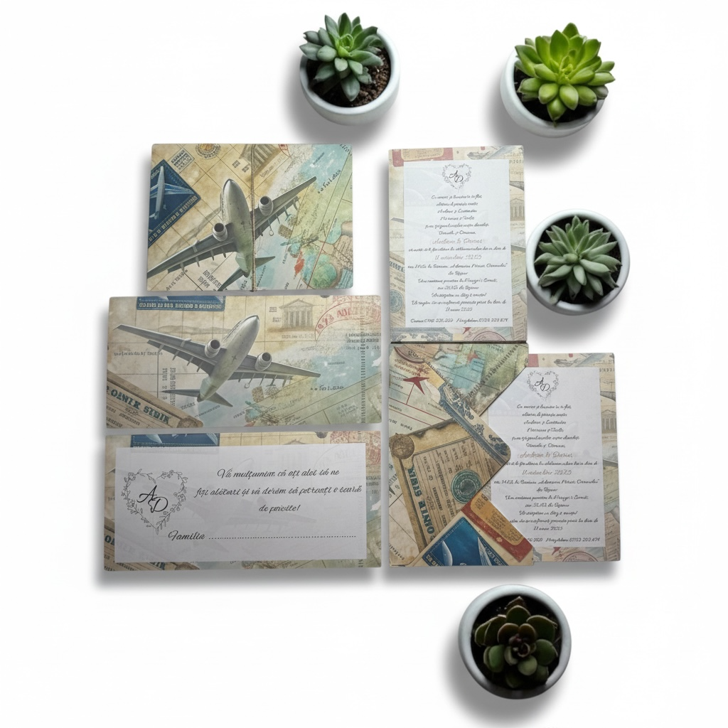 Set invitatie + meniu + plic de dar Travel cu avion – imagine 1