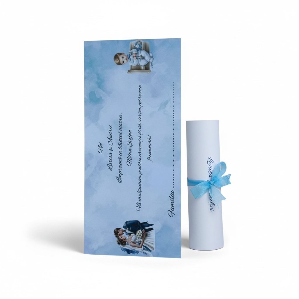 Set invitatie pergament + plic de dar bleu cu fundita – imagine 1