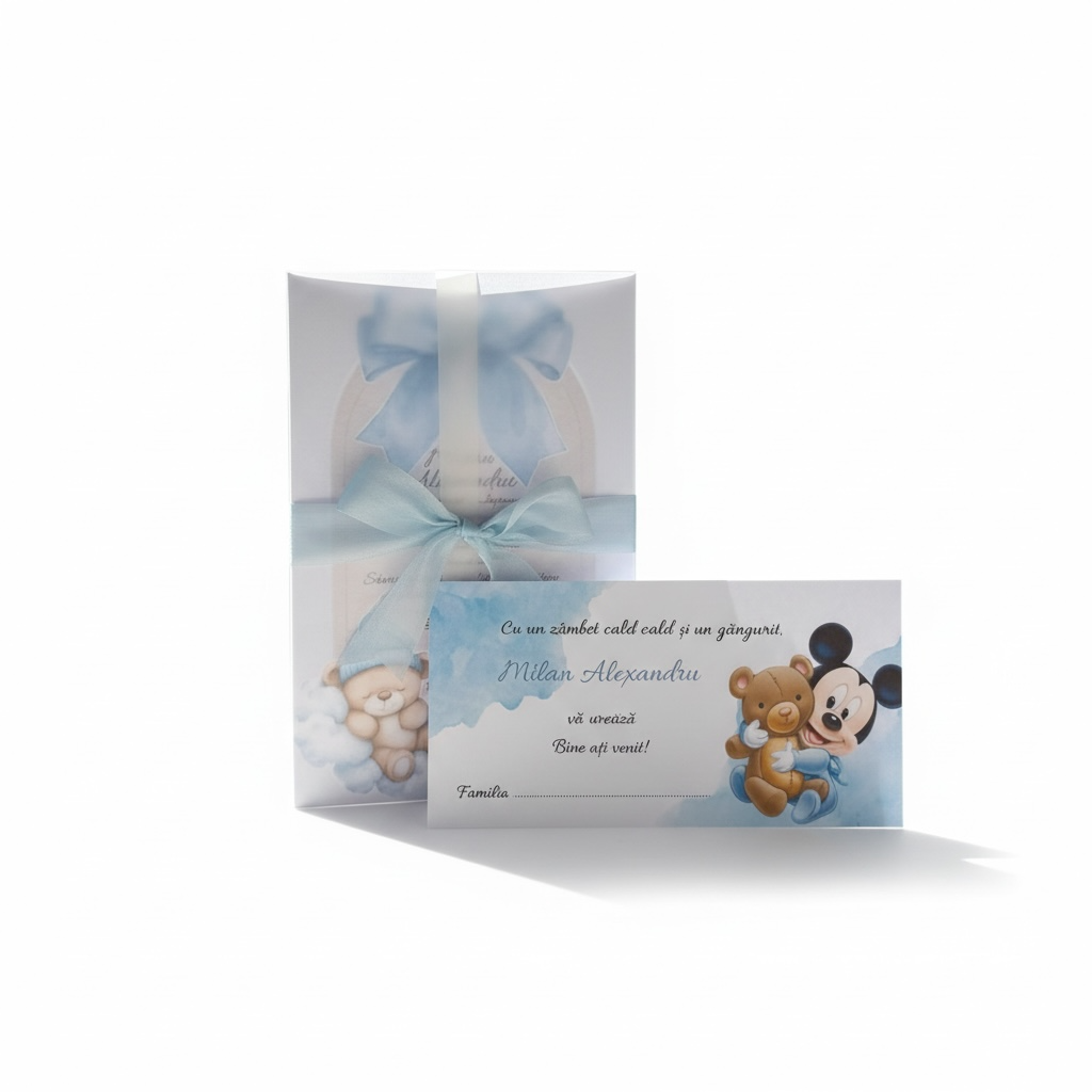 Set invitatie + plic botez bleu cu fundita si ursulet – imagine 1