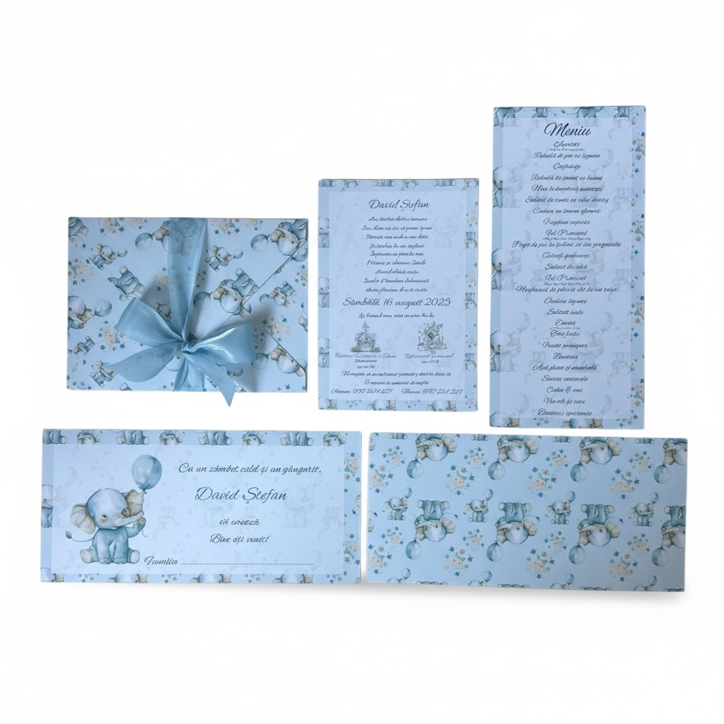 Set invitatie + plic invitatie + plic de dar + meniu Elefant bleu – imagine 1
