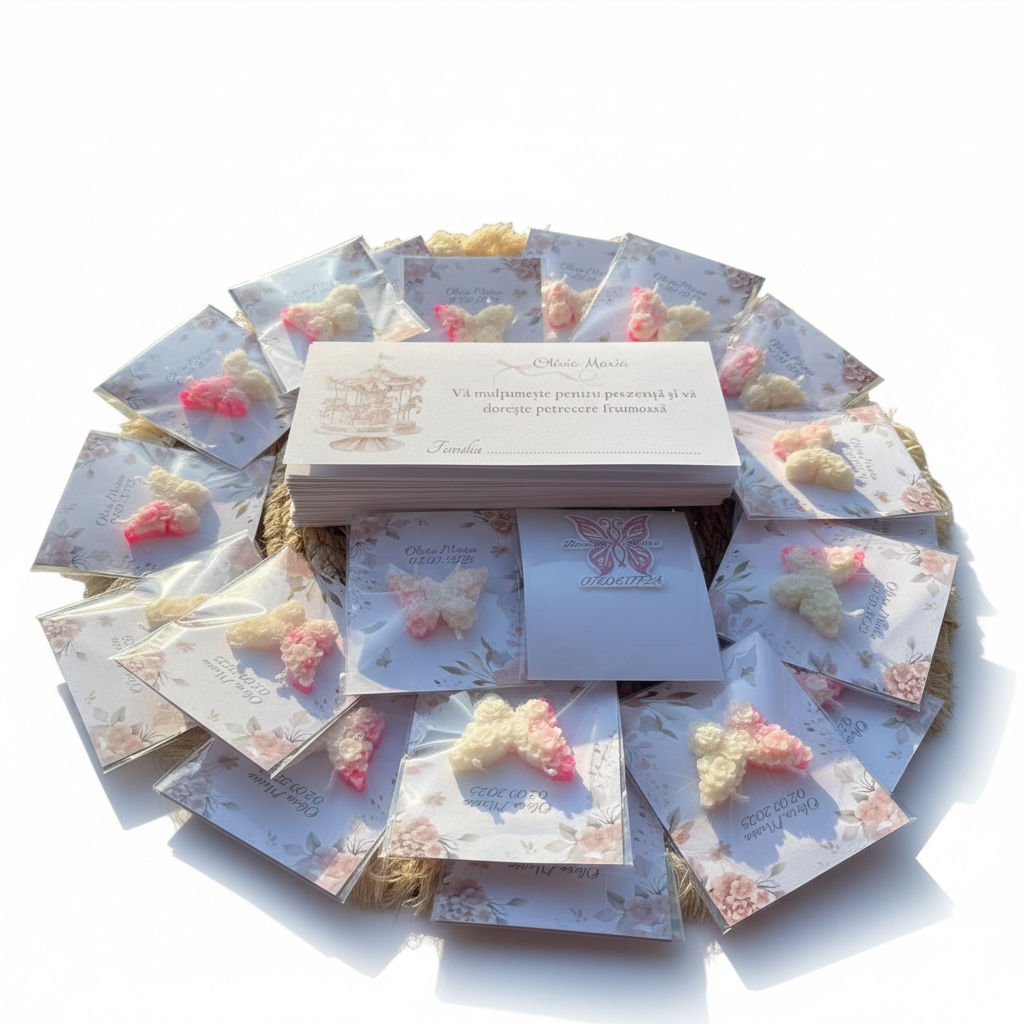 Set marturie + plic de dar Fluture roz floral – imagine 1