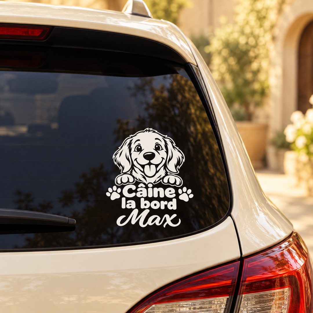 Sticker auto Câine la bord cu nume personalizat – imagine 1