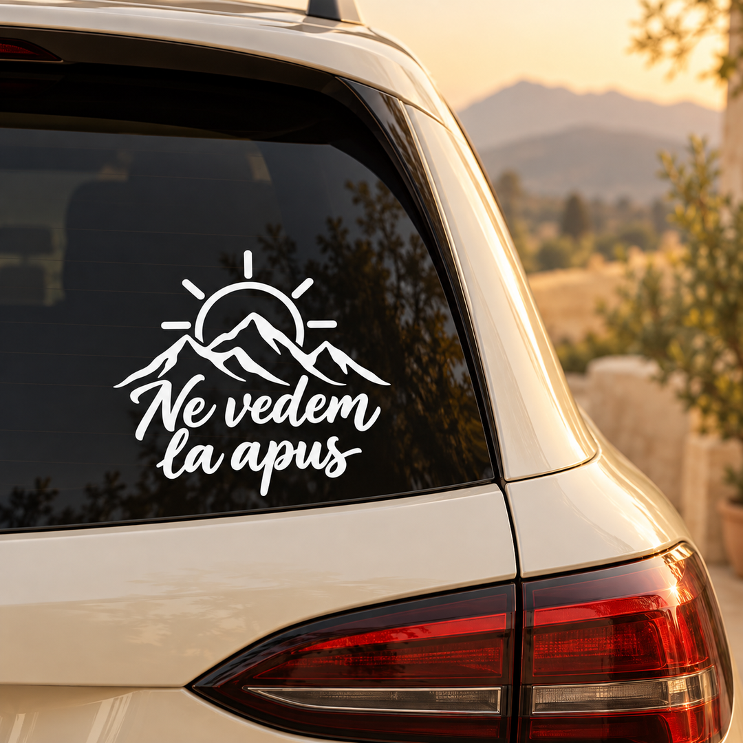 Sticker auto Ne vedem la apus cu munți și soare – imagine 1