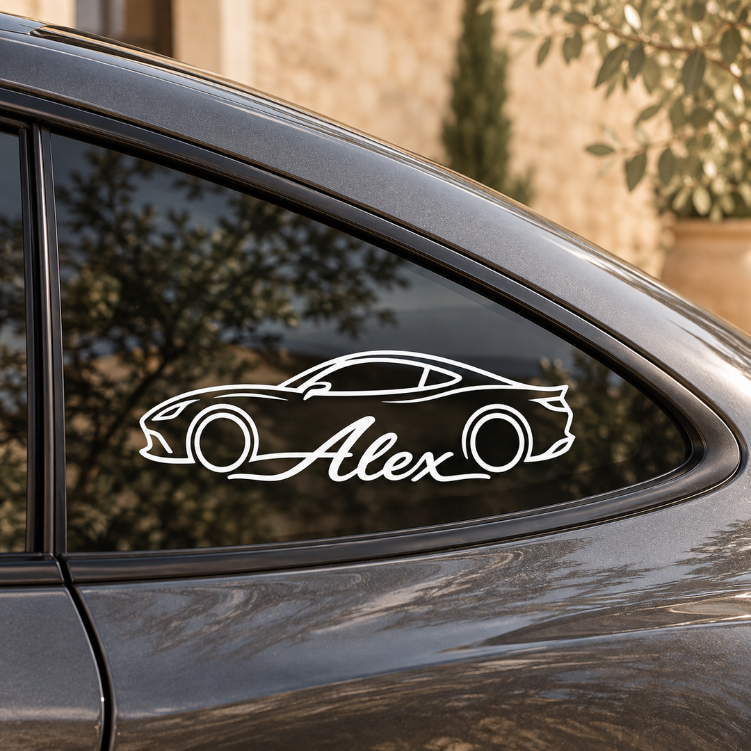 Sticker auto cu siluetă de mașină și nume personalizat – imagine 1