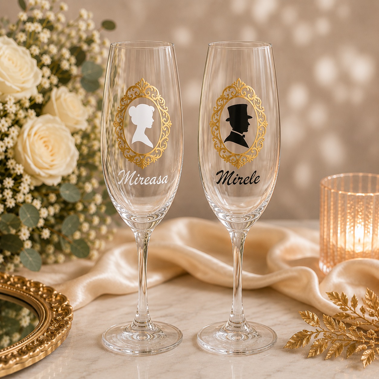Set 2 Stickere Pahare Nuntă - Siluete Elegante Mire și Mireasă – imagine 1