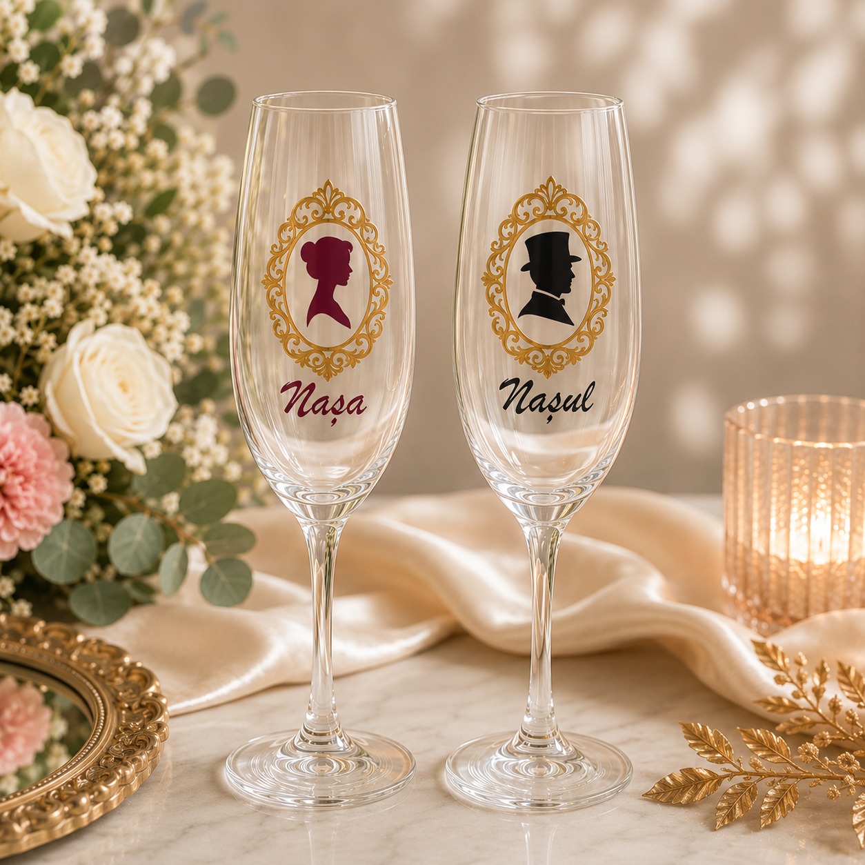 Set 2 Stickere Pahare Nuntă - Siluete Elegante Naș și Nașă – imagine 1