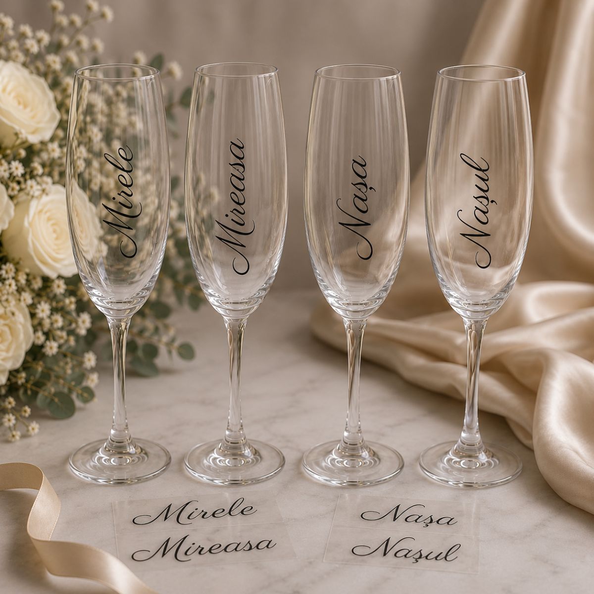 Set 4 Stickere Autocolante Pahare Nuntă - Miri și nași – imagine 3