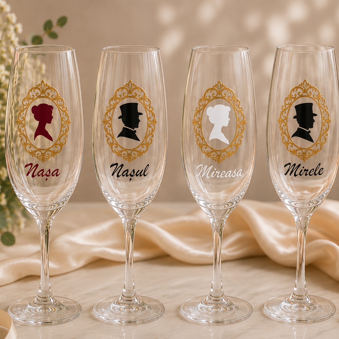 Set Stickere Pahare Nuntă - Siluete Elegante Nași și Miri – imagine 1