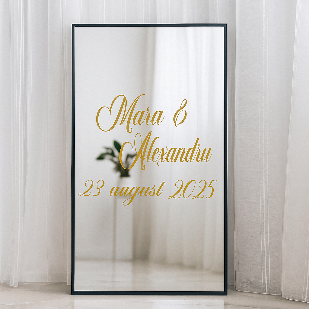 Sticker oglinda personalizat auriu (nume + data) – imagine 1