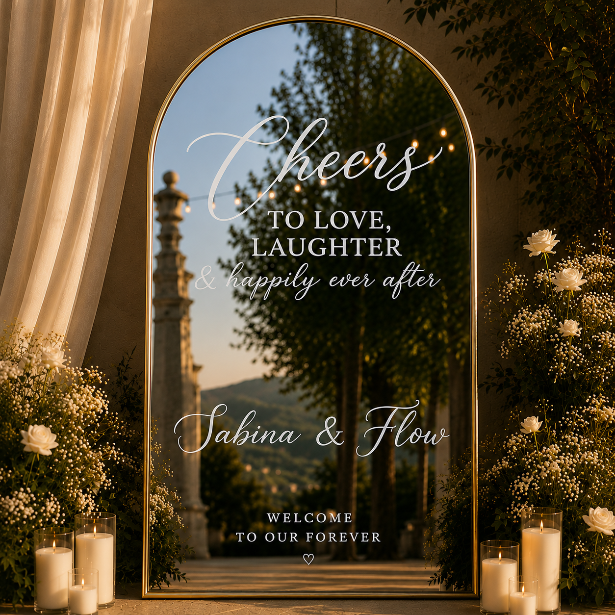 Sticker Oglindă Nuntă Personalizat – Cheers to Love Laughter – imagine 1