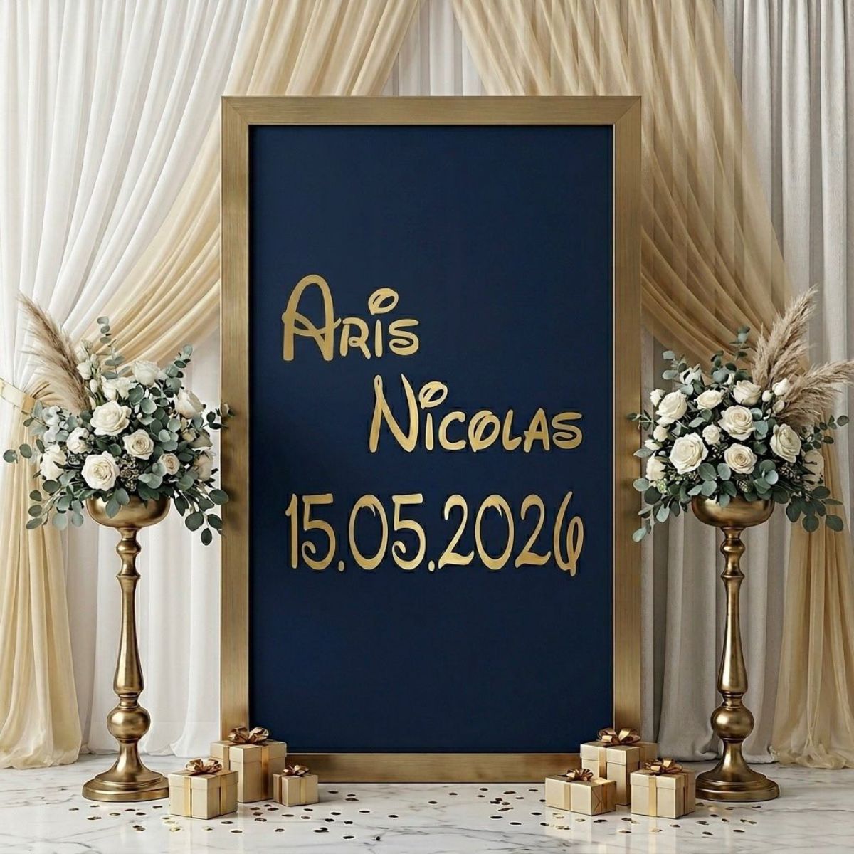 Sticker panou botez personalizat auriu (nume + data) – imagine 1
