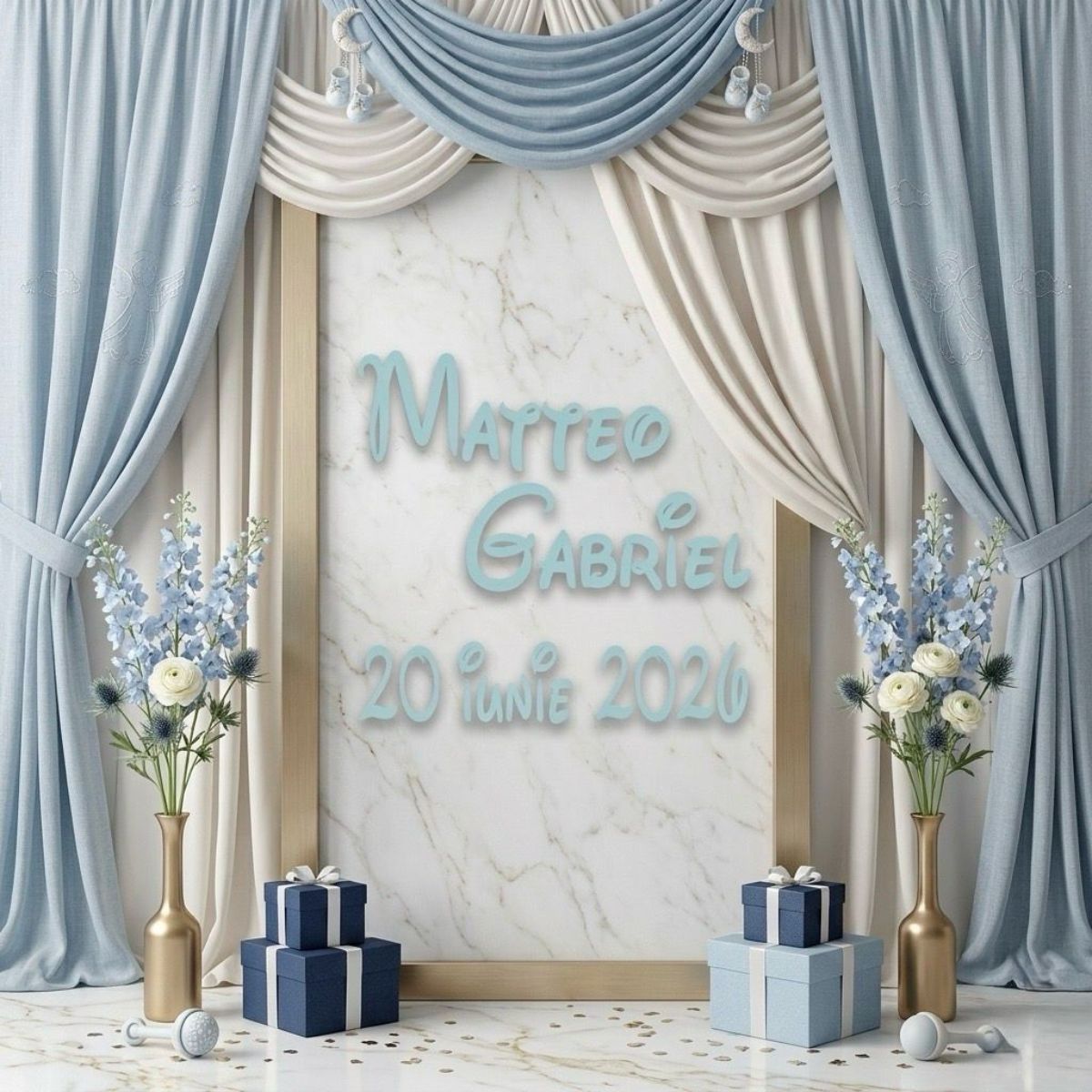 Sticker Autocolant Panou Botez Personalizat - Set Nume și Dată Tematică Bleu Pastel – imagine 1