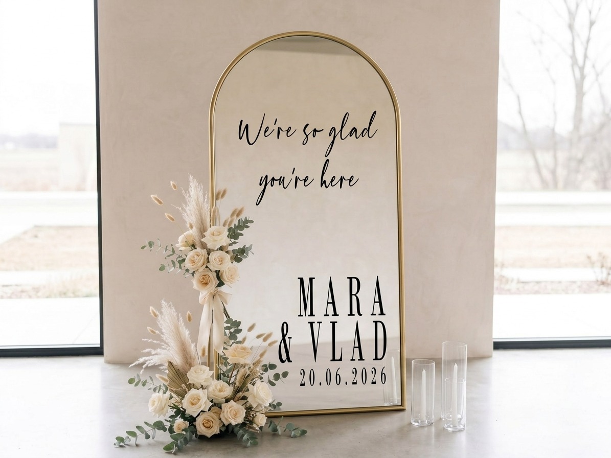 Sticker Personalizat Oglindă Nuntă - We're so glad you're here – imagine 1