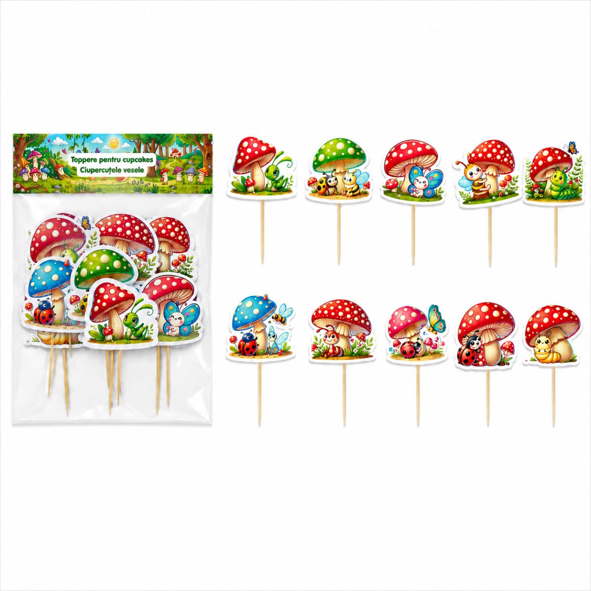 Set 10 toppere pentru cupcakes / brioșe Ciupercuțele Vesele – imagine 2