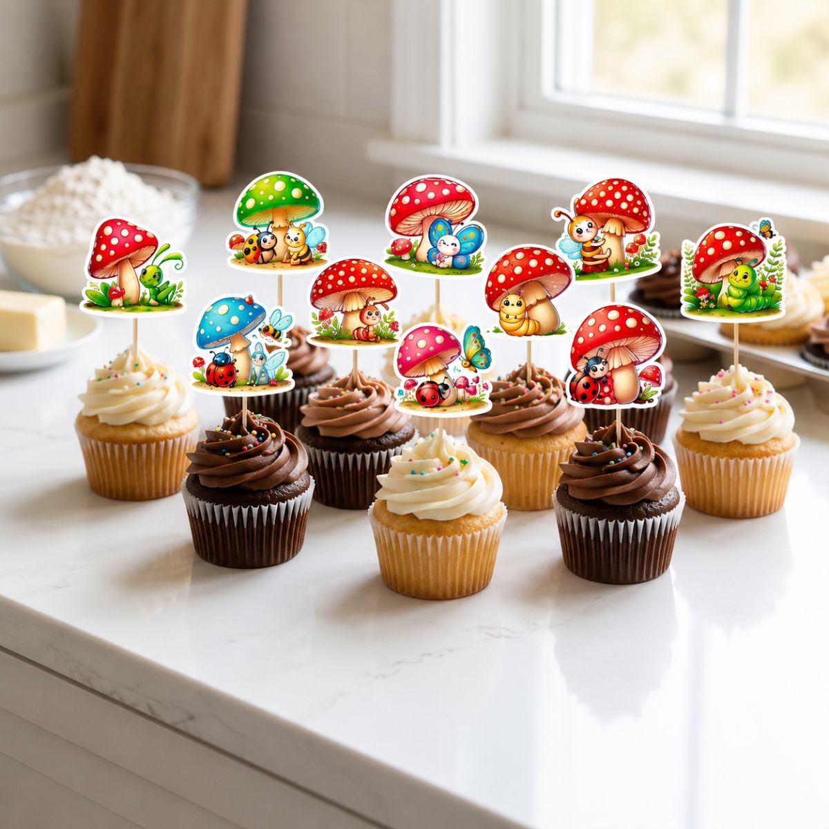 Set 10 toppere pentru cupcakes / brioșe Ciupercuțele Vesele – imagine 3