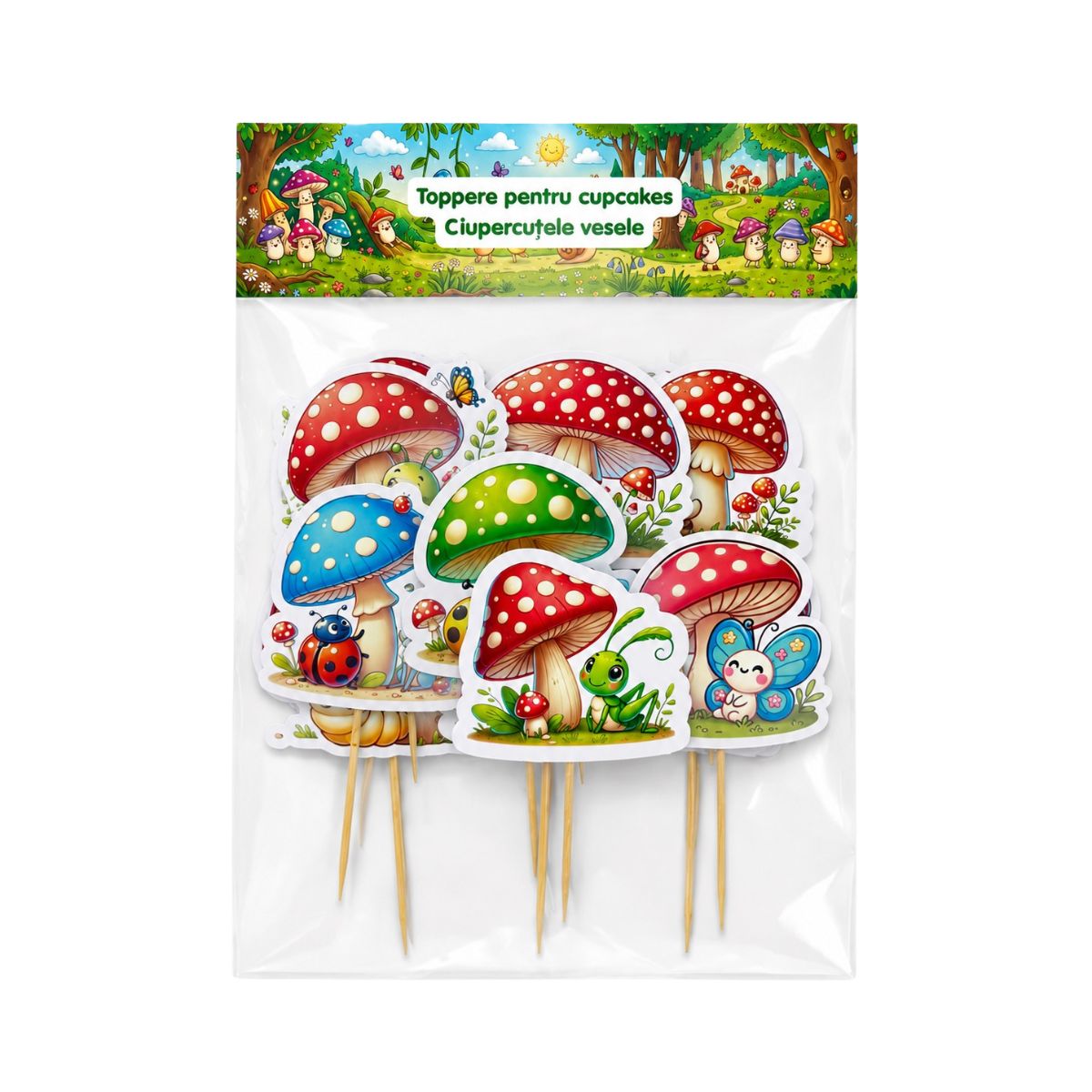 Set 10 toppere pentru cupcakes / brioșe Ciupercuțele Vesele – imagine 1