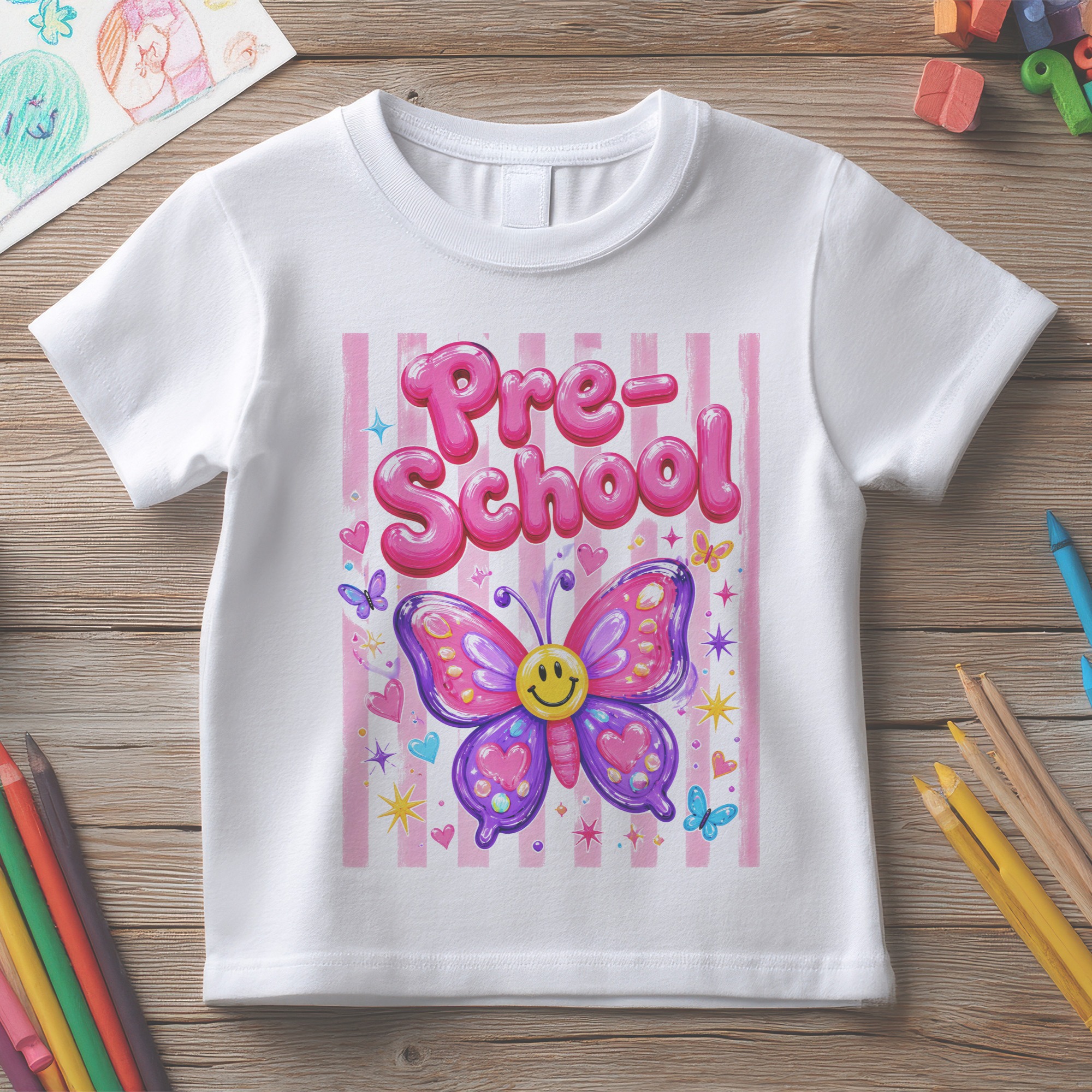 Tricou Copii Back to School Fluture Vesel - Pre-School Grădiniță Clasa II III IV V VI – imagine 1