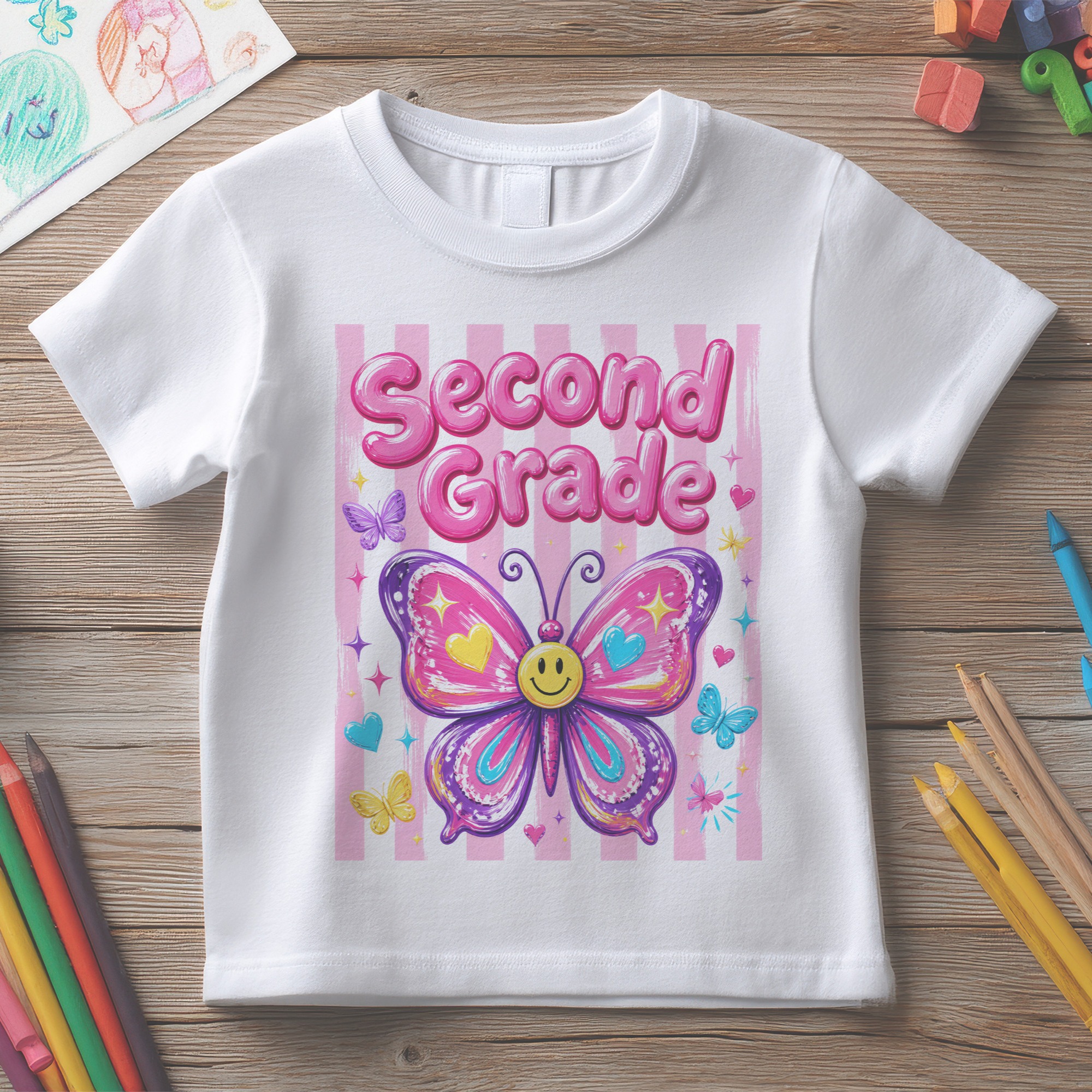 Tricou Copii Back to School Fluture Vesel - Pre-School Grădiniță Clasa II III IV V VI – imagine 3
