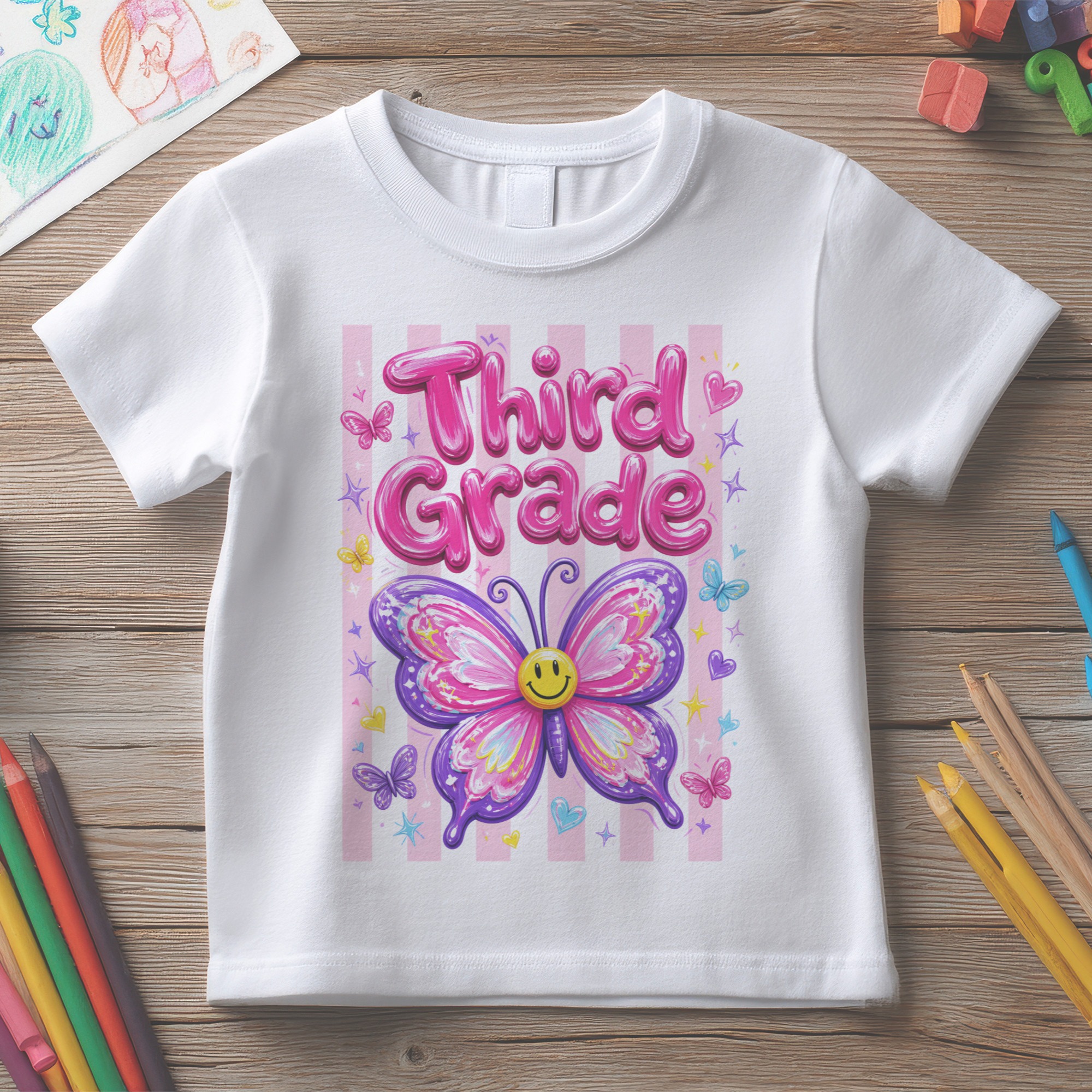 Tricou Copii Back to School Fluture Vesel - Pre-School Grădiniță Clasa II III IV V VI – imagine 4