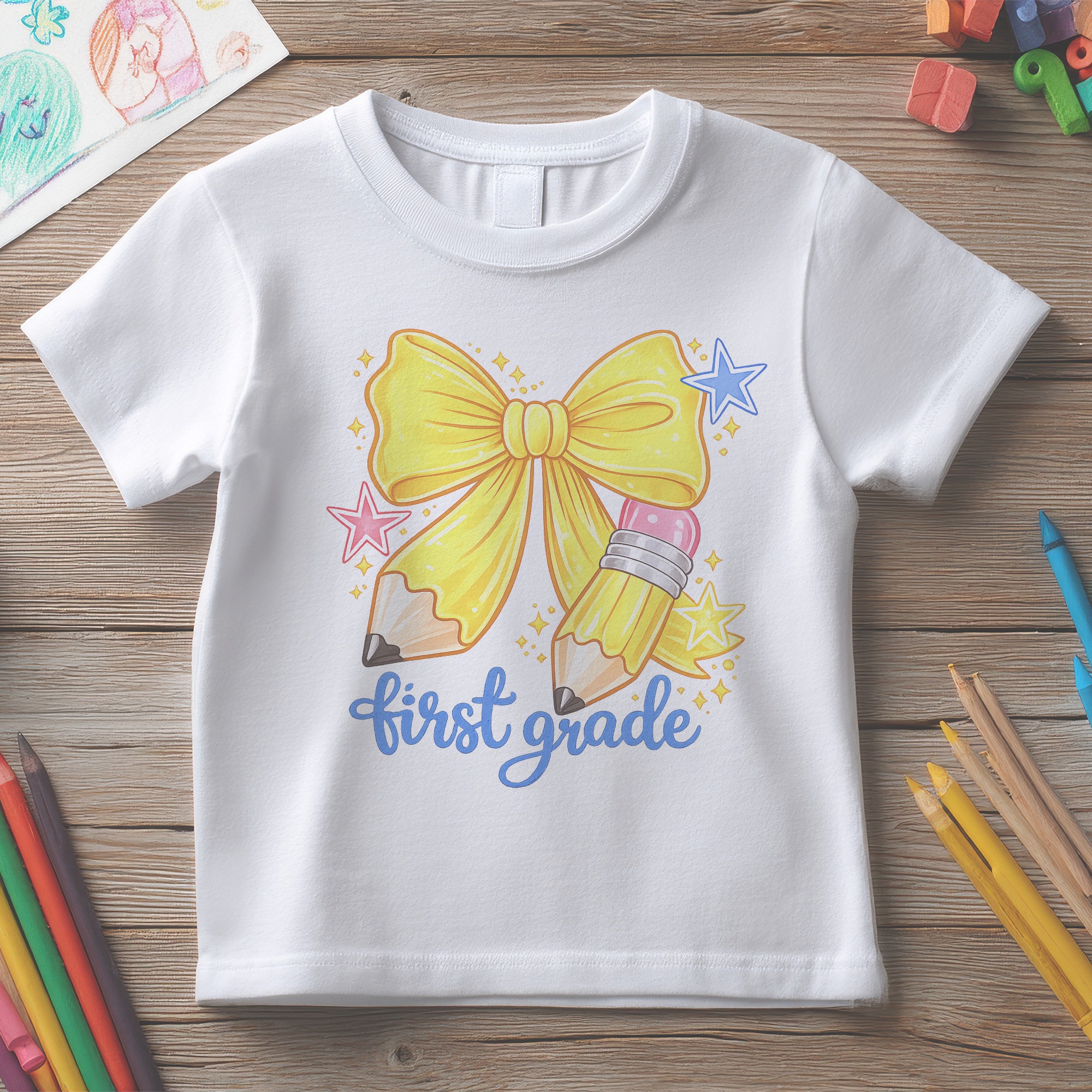 Tricou Copii Back to School Fundiță Creioane - Grădiniță Clasa Pregătitoare I II III IV – imagine 2