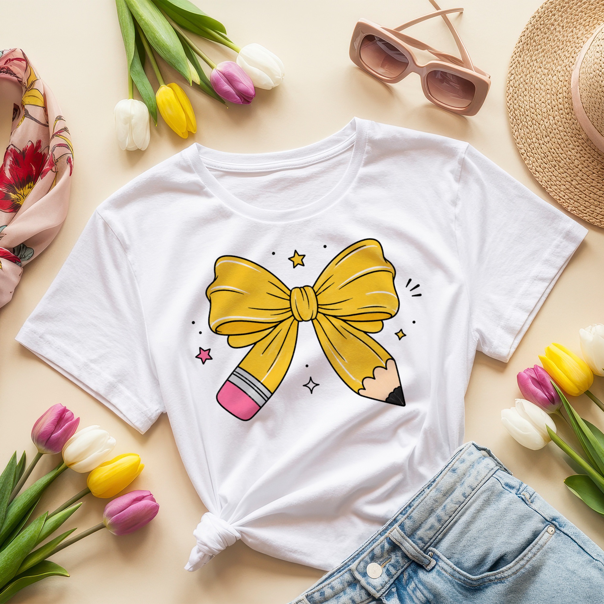 Tricou Dama Back to School Fundiță Creion Galbenă - Profesor Invatatoare Scoala – imagine 1